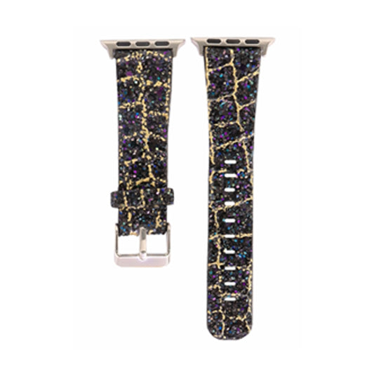 For Apple Watch 5 & 4 44mm / 3 & 2 & 1 42mm Glitter Sequins Leather Watch Band(Black Gold) by bashfashion