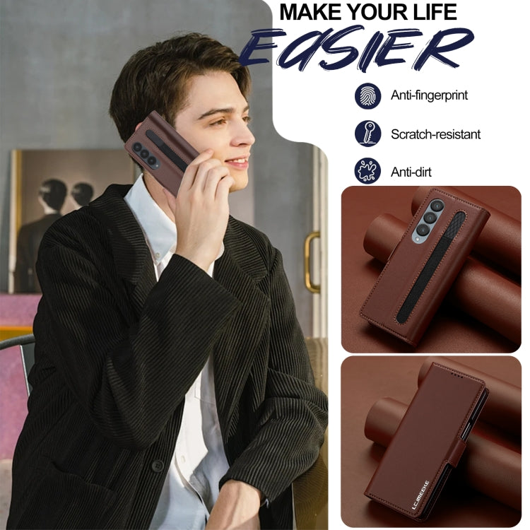For Samsung Galaxy Z Fold4 LC.IMEEKE L1 Series Frosted Fine Texture PU Phone Case with Pen Slot, Pen Not Included(Brown) by LC.IMEEKE