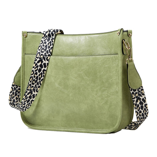 013 Leopard Strap PU Leather Single-shoulder Waterproof Crossbody Tote Bag(Green) by bashfashion