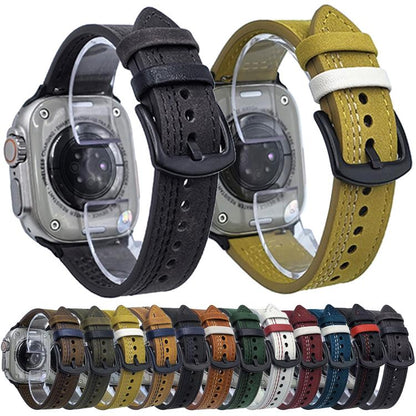 For Apple Watch 42mm / 41mm / 40mm / 38mm 7-Line Tri-Star Buckle Pull Up Leather Watch Band(Crazy Horse Army Green Black Thread) by bashfashion