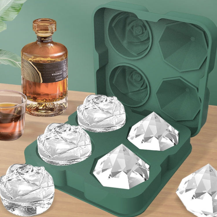 4-Holes Rose Diamond Shape Cocktail Ice Cube Molds Silicone Ice Ball Maker, Color: Dark Green with Ice Clip by bashfashion