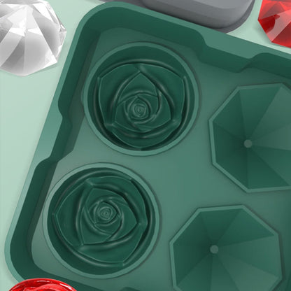 4-Holes Rose Diamond Shape Cocktail Ice Cube Molds Silicone Ice Ball Maker, Color: Dark Green with Ice Clip by bashfashion