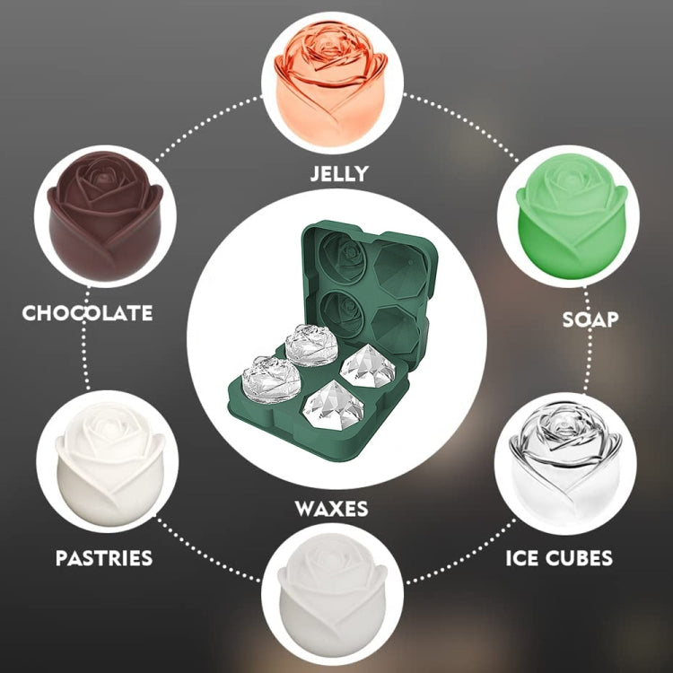 4-Holes Rose Diamond Shape Cocktail Ice Cube Molds Silicone Ice Ball Maker, Color: Dark Green with Ice Clip by bashfashion