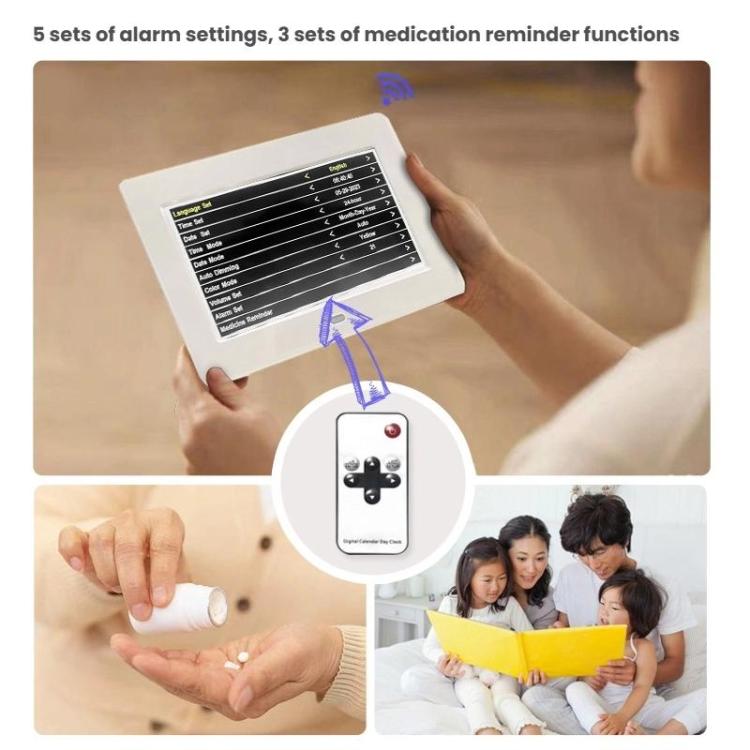 7-inch Digital Frame Calendar Day Clock With 3 Medication Alerts, 5 Custom Alarms, Multi-Language Support UK Plug White by bashfashion